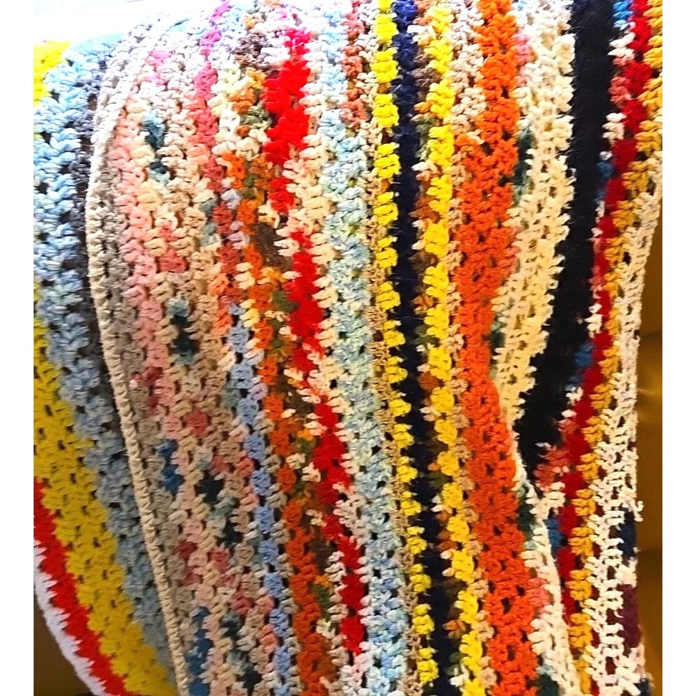 Vtg Crochet Blanket Throw Handmade Granny Stripe Multicolor Boho 56x47 Afghan